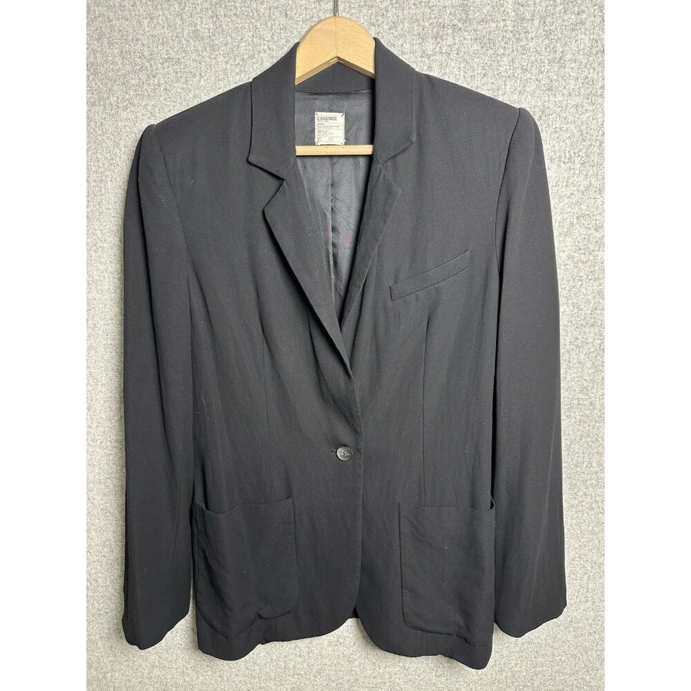L'AGENCE Womens Blazer Size 6 Black One Button Lined Relaxed Solid‎ Pockets Work